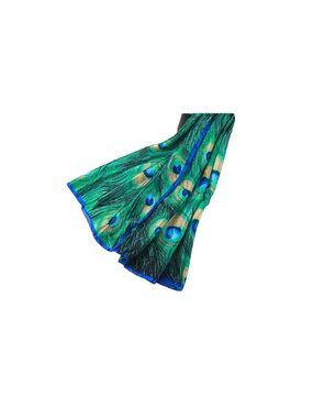 Peacock Feather Print Lightweight Silk Scarf With Blue Border 35"x35" Square Vib